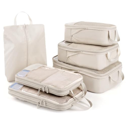 Compression Packing Cubes for Travel - Double Zipper Luggage Organizer Bags for Suitcases (6-Pack, Beige) - color: Beige