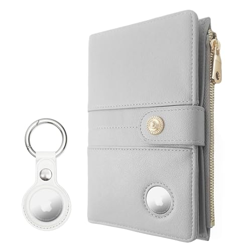 elzama Airtag Passport Holder for Travel Women, RFID Passport Travel Wallet with Airtag and Pen Holder, Zipper Coins Pocket with Card Slots & Airtags Keychain (Air tag Not Included) Light Grey - color: 03. Light Grey (with Airtag Holder)