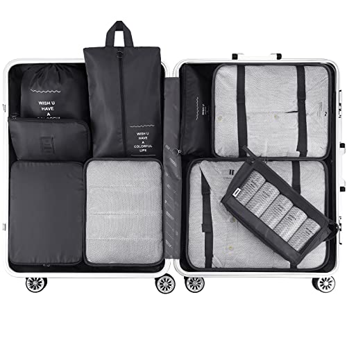 Mossio 9 Set Packing Cubes with Shoe Bag & Electronics Bag - Luggage Organizers Suitcase Travel Accessories - color: Black