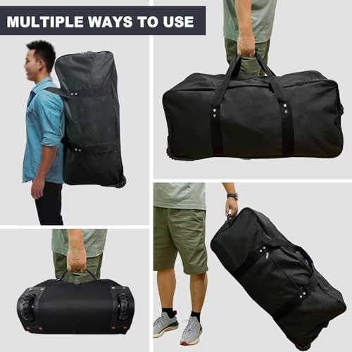 36" Extra Large Foldable Rolling Duffle Bag with Support, Heavy-Duty Spacious Checked Luggage Bag, Wheelered Cargo Tote for Travel Camping Moving, Black