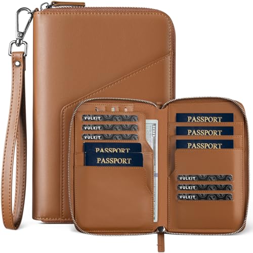 VULKIT Family Passport Holder for 4 Passports, RFID Blocking Travel Wallet - color: Brown