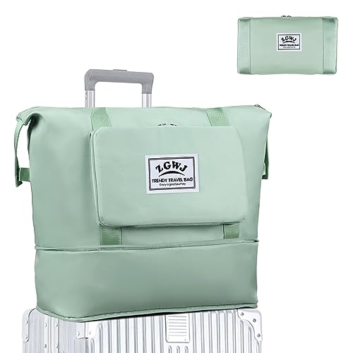 ZGWJ Travel Tote Bags, Expandable Overnight Weekender Bag for Women Foldable Carry-On - color: Green