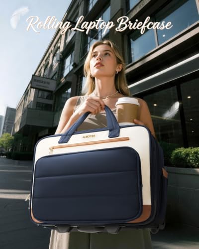 Puffer Women's Rolling Laptop Briefcase Bag with Wheels for Work & Travel - color: Ribbed Navy Blue