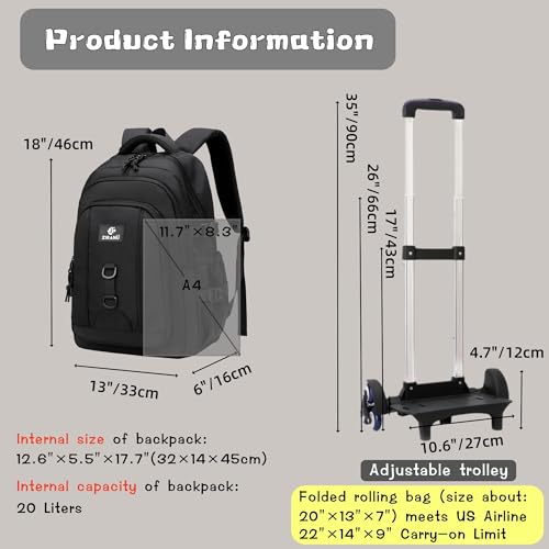18" Black Boys Backpack with 6 Wheels, Carry-on Rolling Kids Backpack for School Boys, Black - color: 6 Wheels-black