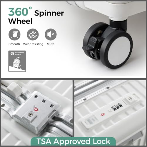 Carry on Luggage Aluminium Frame with Cup Holder,Top opening Suitcases and USB Charging Port,Lightweight with Front Pocket Rolling Suitcases with Spinner Wheels (White, 20Inch) - color: White