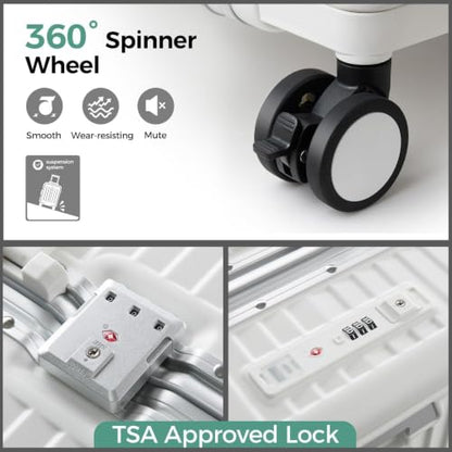 Carry on Luggage Aluminium Frame with Cup Holder,Top opening Suitcases and USB Charging Port,Lightweight with Front Pocket Rolling Suitcases with Spinner Wheels (White, 20Inch) - color: White