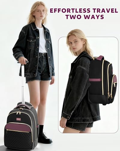 Arcoyard Rolling Backpack for Women, 15.6 Inch Travel Backpack with Wheels - color: Black Purple, size: 15.6-inch