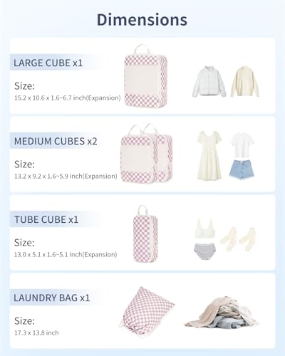 Narwey Compression Packing Cubes for Travel, Cute Luggage Organizer Bags - color: ZZ-Dusty Pink Checkerboard