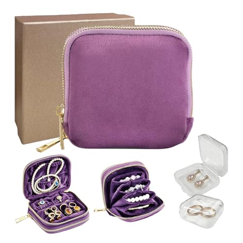 Small Travel Jewelry Case with Earring Box Mini Jewelry Case - color: Purple double-layer