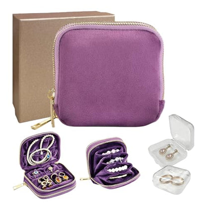 Small Travel Jewelry Case with Earring Box Mini Jewelry Case - color: Purple double-layer