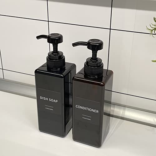 Black Soap Dispenser with Waterproof Labels, Thickened Plastic Hand Soap Dispenser for Bathroom, Kitchen Dish Washing Liquid Bottles, Shampoo and Conditioner Bottles with Funnel (16oz 2Pack Black) - color: 2 Black