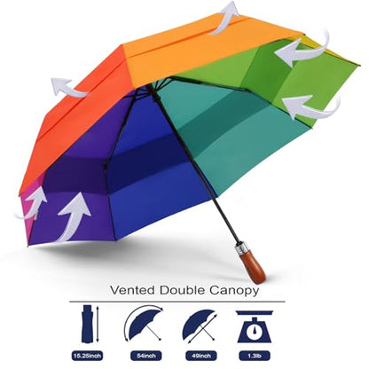 Windproof Golf Umbrella Large 54 Inch Folding Auto Open Close Wood Handle - color: 14.Rainbow