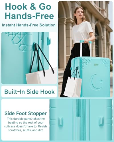 Somago Expandable Carry On luggage with Shock-Absorbing Braking Spinner Wheels Moon Star Design Hard Shell Suitcase with Cupholder TSA Lock (Robin Egg Blue,Expandable 20 Inch) - color: Robin Egg Blue, size: Expandable 1-Piece(20)