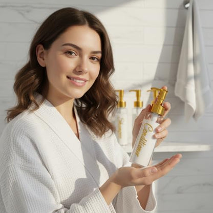 Shampoo and Conditioner Dispenser - Essentials Toiletry Bottles - Shower Refillable Shampoo and Body Wash Soap Pump Bottle – 3x 3oz TSA-approved Travel Size Containers - Clear All Gold 2 Round - color: Clear All Gold 2 Round, size: Small