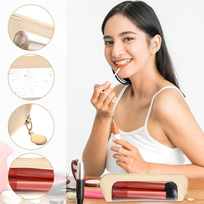 Kifmurase 2Pcs Clear Makeup Brush Bag,Leather Slim Makeup Case,White,Brown - color: Brown, White