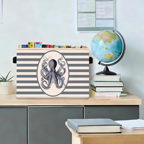 Octopus Storage Bin, Nautical Ocean Blue Stripe Fabric Basket - color: Nautical Retro Octopus Print