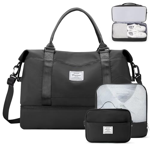 Weekender Bags for Women,Travel Duffle Overnight Bag with Shoe Compartment - color: A-Black-3Pcs-0022, size: Large
