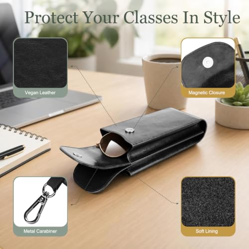 FINTIE Double Glasses Case with Carabiner Hook, Vegan Leather Eyeglass Case - color: Black