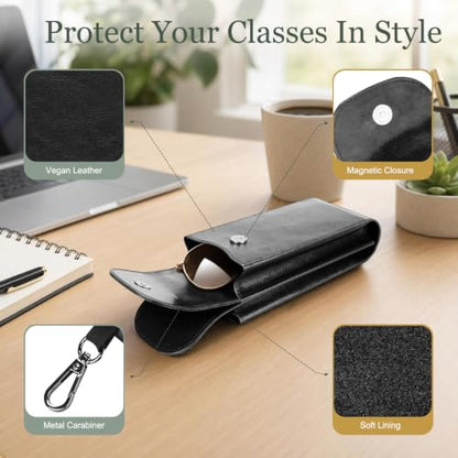 FINTIE Double Glasses Case with Carabiner Hook, Vegan Leather Eyeglass Case - color: Black