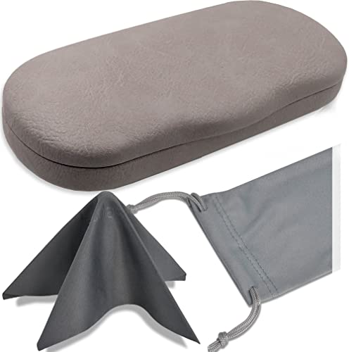 MyEyeglassCase Men's Medium Glasses Case - Classic Eyeglasses Hard Shell Holder, Elegant Easy Open Lip with Pouch and Cloth - color: Light Grey