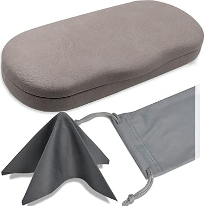 MyEyeglassCase Men's Medium Glasses Case - Classic Eyeglasses Hard Shell Holder, Elegant Easy Open Lip with Pouch and Cloth - color: Light Grey