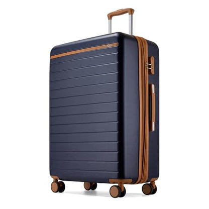 Kono Large Suitcase 28in Expandable ABS+PC 8pcs Silent Wheels Navy/Brown - color: Navy, size: Checked-Large 28-Inch