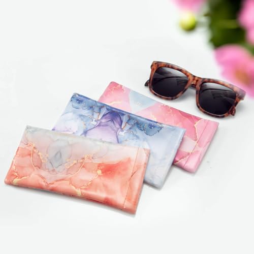 TRIUMPH VISION Eyeglass Case Glasses Case Soft Sunglass Pouch Sleeve 3 Pack - color: Pu Leather Marble Purple Blue Pink Gold