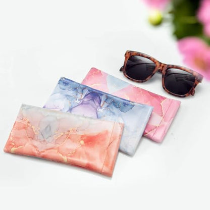 TRIUMPH VISION Eyeglass Case Glasses Case Soft Sunglass Pouch Sleeve 3 Pack - color: Pu Leather Marble Purple Blue Pink Gold