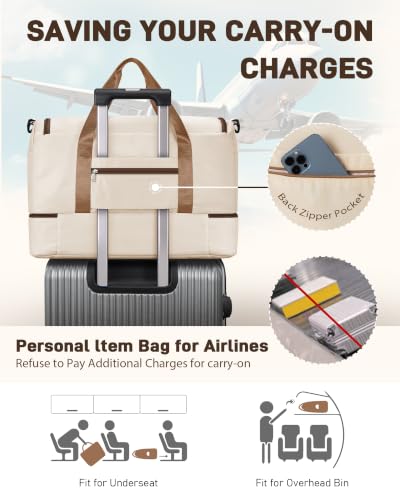 WOOMADA Extra Large Travel Duffle Bag with Shoes Compartment, Women Weekend Carry On Overnight Bag with Detachable Crossbody Bag for Travel, Business, Sports & Hospital(beige) - color: Beige