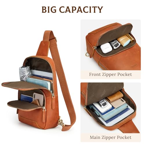 S-ZONE Sling Bag for Men Women RFID Blocking Genuine Leather Crossbody - color: Cognac