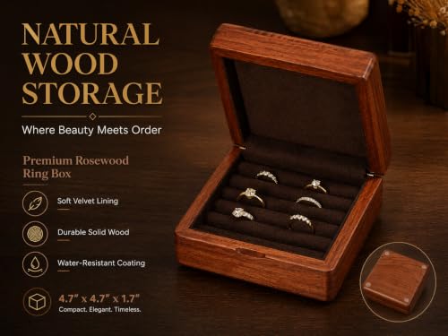 Solid Teak Wood Ring Box, Earring Holder Organizer - color: Brown Velvet, size: Small (5"L*5"W*2"H)