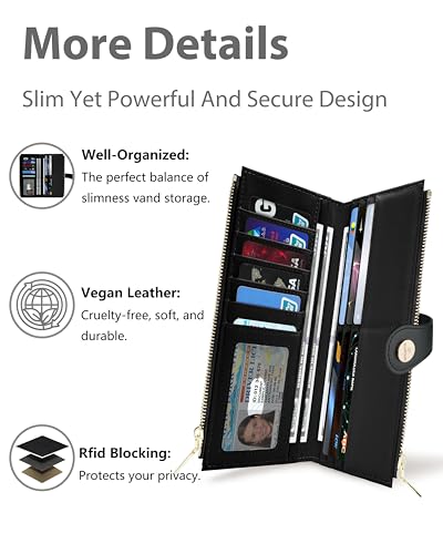 Black Women's Slim Wallet,Thin RFID Card Holder with Zipper Pocket - color: Black, size: Bifold