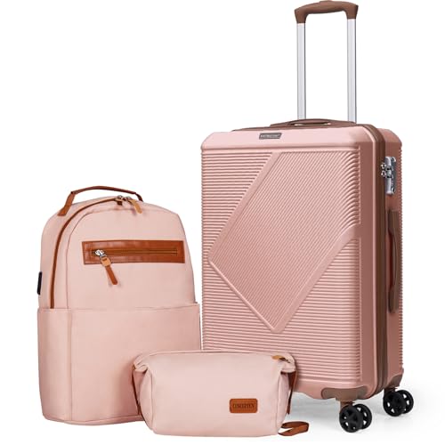 Carry On Luggage 22x14x9 Airline Approved, 20 Inch ABS Hardside Set - color: Pink, size: 3PCS