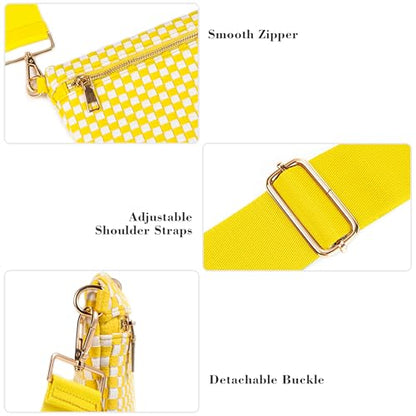 Woven Crossbody Bag for Women, Checkered PU Bum Bag Sling Purse with Adjustable Strap for Travel, Festivals - color: Lemon Yellow & White Checkered Woven