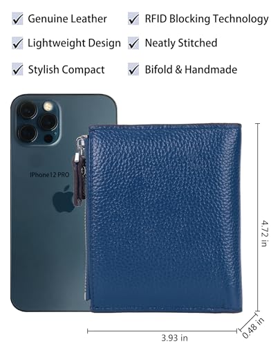 Women's RFID Blocking Leather Small Compact Bi-fold Zipper Pocket Wallet Card Case Purse with id Window - color: Lichee Blue