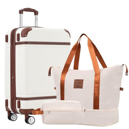 Merax 24 Inch Checked Luggage, Expandable Suitcase with Spinner Wheels - color: White(24+bags)