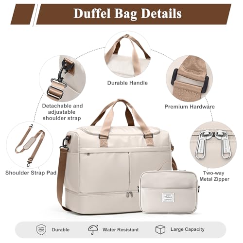 Travel Duffel Bag with Shoe Compartment,Overnight Weekender Bags for Women - color: Beige & Brown with Toiletry Bag