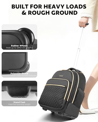 Arcoyard Rolling Backpack for Women, 15.6 Inch Travel Backpack with Wheels - color: Black Gold, size: 15.6-inch