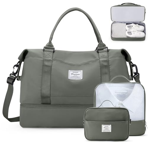 Weekender Bags for Women,Travel Duffle Overnight Bag with Shoe Compartment - color: A-Olive Green-3Pcs-0022, size: Large