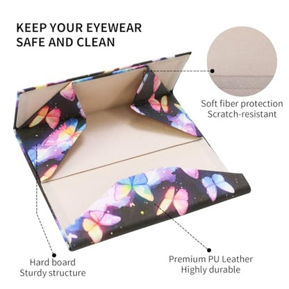 Foldable Glasses Case, Magnetic PU Leahter Sunglasses Case, Cute Hard Shell Folding Eyeglass Cases for Women Kids - color: Multicolor Butterfly