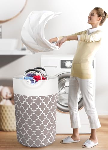 Large Laundry Basket, 115L Tall Collapsible Hamper with Handles, Khaki - color: Khaki, size: 115l