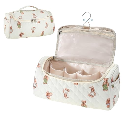 Quilted Travel Case Compatible, Toiletry Bag for Hair Curler Tools and Accessories, Hanging Case with Hook, Beige, 1 Pc - color: Bears
