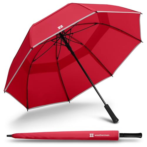 Weatherman Umbrella - Stick Umbrella - Windproof Umbrella Resists Up to 55 MPH Winds (Red) - color: Red