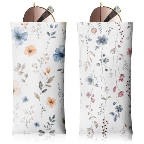 Soft Sunglasses Case for Women, PU Leather Squeeze Top Glasses Case - color: White Flowers