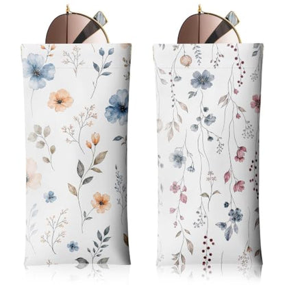Soft Sunglasses Case for Women, PU Leather Squeeze Top Glasses Case - color: White Flowers