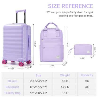 Carry On Luggage Set 3 Piece, Carry-on Suitcase With Wheels - color: BT-Glossy Lavender