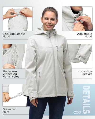 33,000ft Packable Rain Jacket for Women Waterproof Raincoats with Hood - color: Beige, size: Large