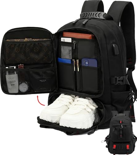 Large Laptop Backpack with Shoe Compartment, Waterproof Rucksack 15.6/17 Inch, Travel School Gym Work College Bags for Men (Black, JUMBO(80L)) - size: JUMBO(80L)