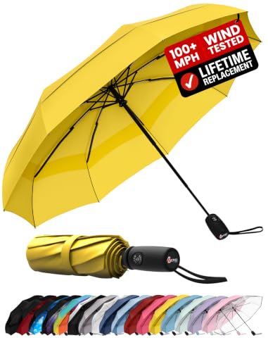 Windproof Travel Umbrella - Compact & Withstands Winds up to 100MPH, Strongest Premium Auto Folding Umbrella for Rain and Sun - Durable, Light & Portable for Women & Men, Fits Backpack & Cars - color: Yellow 1-Pack