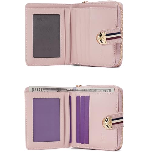 FOXLOVER Genuine Leather Zip Small Wallet Women RFID Blocking Credit Card Bifold Wallet Business Card Holder with ID Window(Pink) - color: 02-Pink